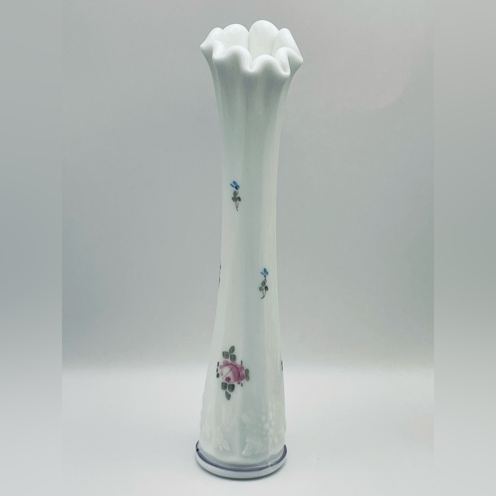 Westmoreland, Swung, Milk Glass, Bud Vase, Hand Painted, Floral, 9.5”